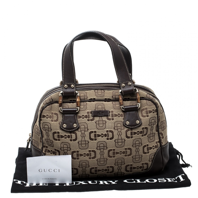 Pre Owned Gucci Beige/Brown Horsebit Canvas and Leather Boston Bag