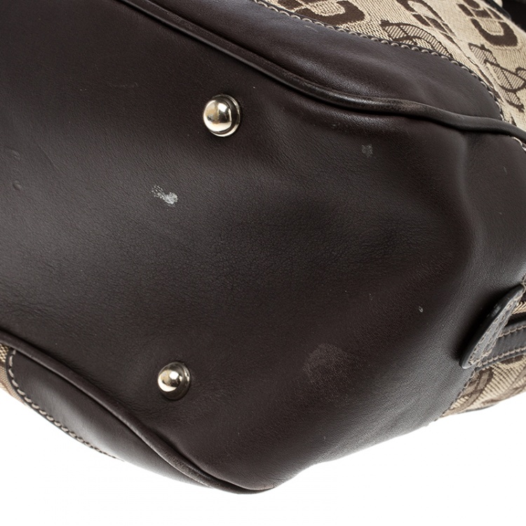 Pre Owned Gucci Beige/Brown Horsebit Canvas and Leather Boston Bag