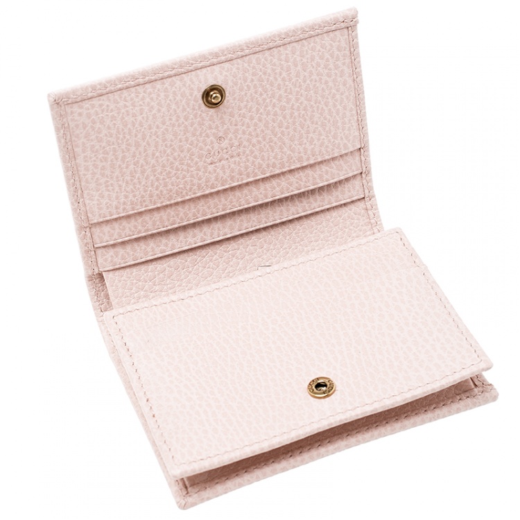 Pre Owned Gucci Blush Pink Leather Butterfly Emmbellished Card Case