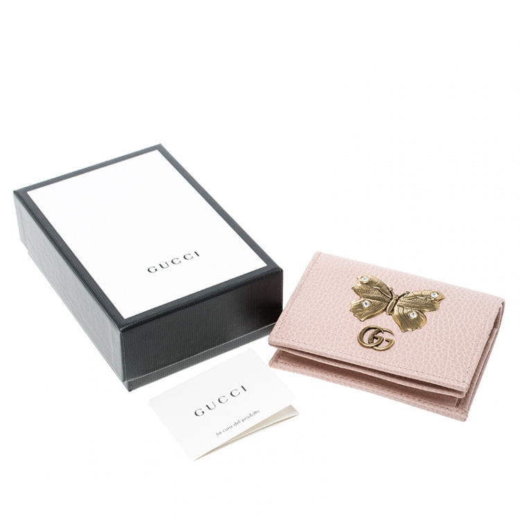 Pre Owned Gucci Blush Pink Leather Butterfly Emmbellished Card Case
