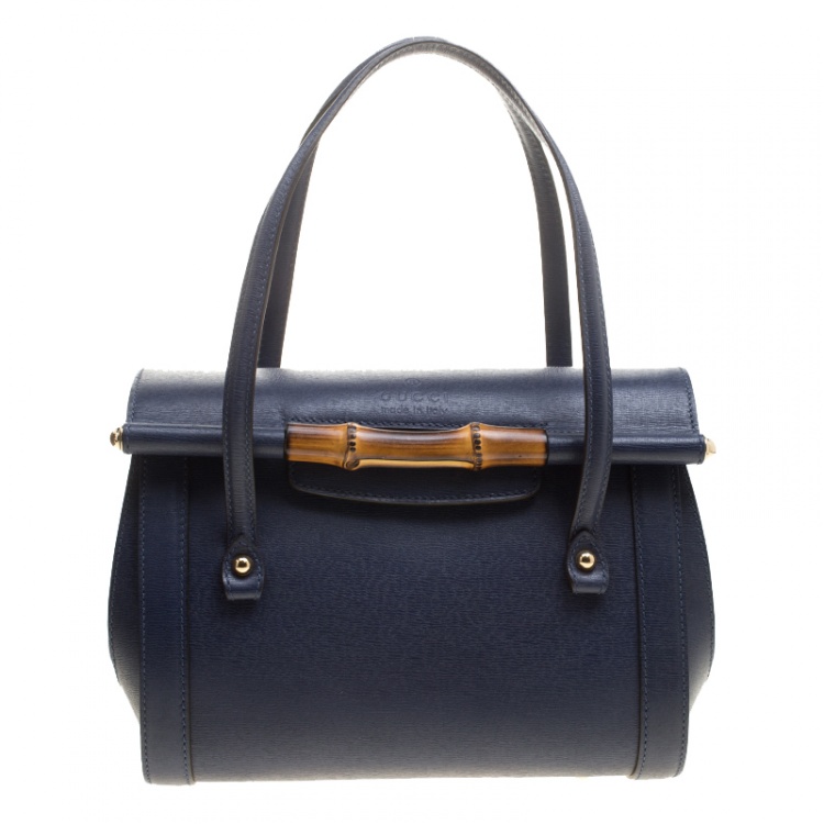 Pre Owned Gucci Navy Blue Leather New Bullet Bamboo Top Handle Bag