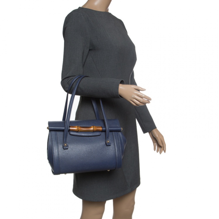 Pre Owned Gucci Navy Blue Leather New Bullet Bamboo Top Handle Bag