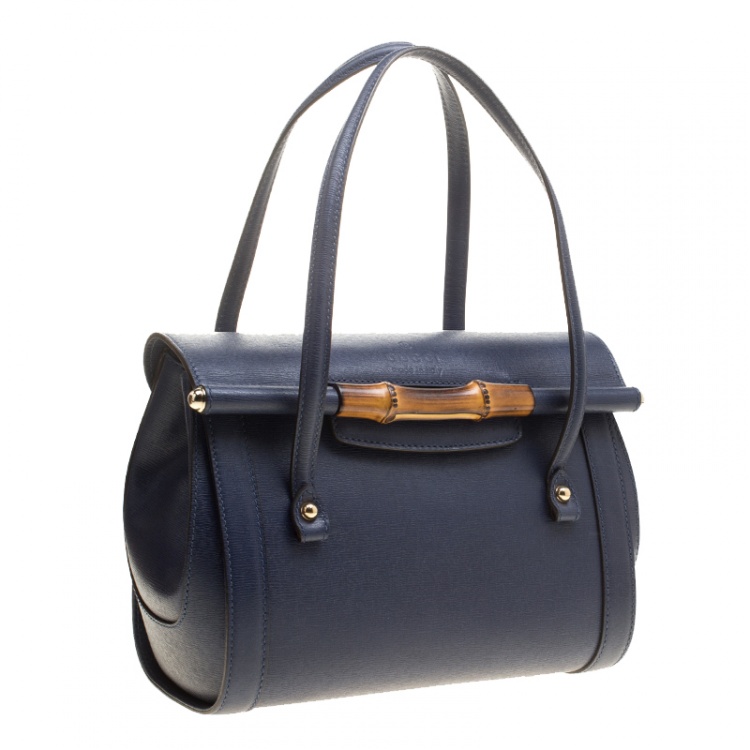 Pre Owned Gucci Navy Blue Leather New Bullet Bamboo Top Handle Bag