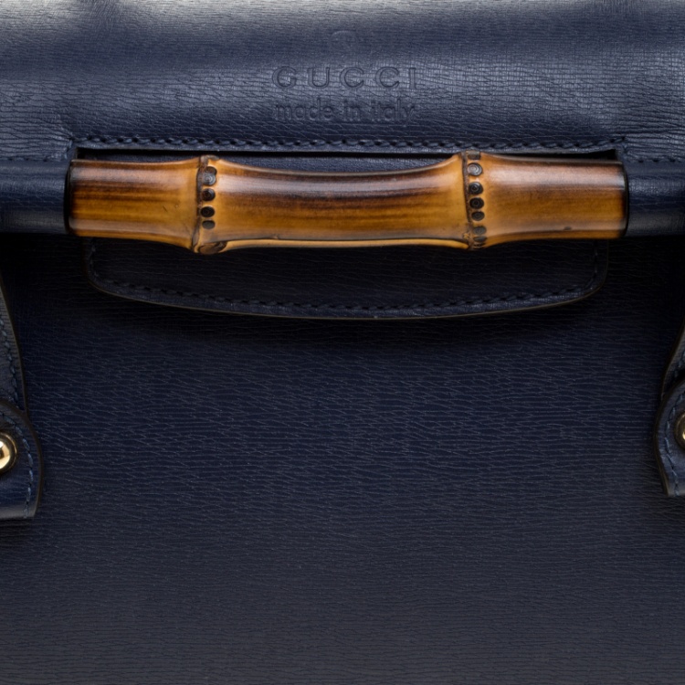 Pre Owned Gucci Navy Blue Leather New Bullet Bamboo Top Handle Bag