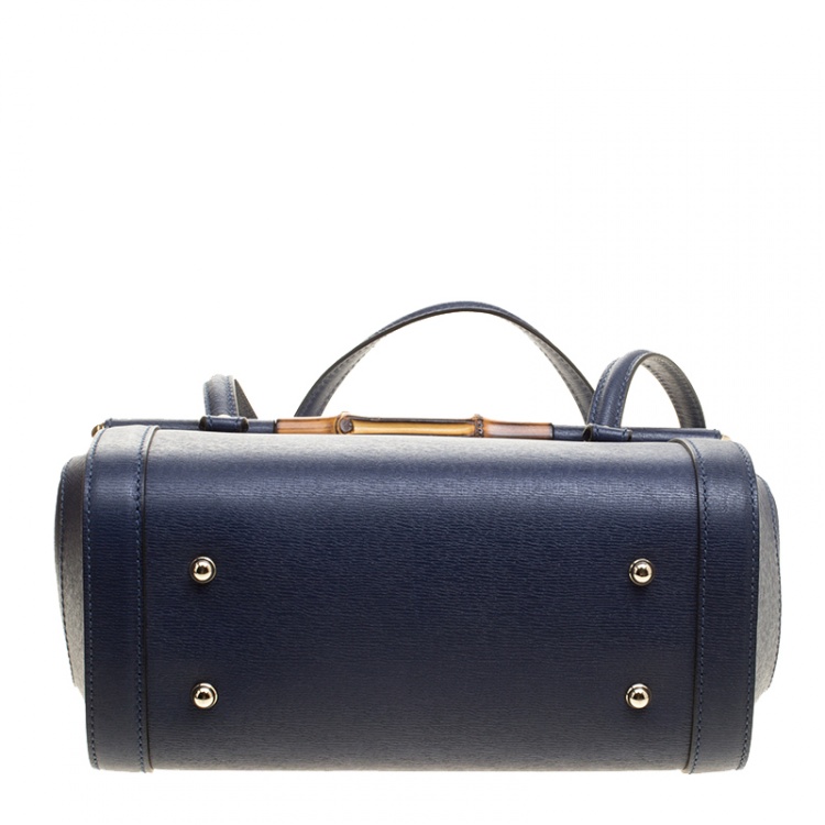 Pre Owned Gucci Navy Blue Leather New Bullet Bamboo Top Handle Bag