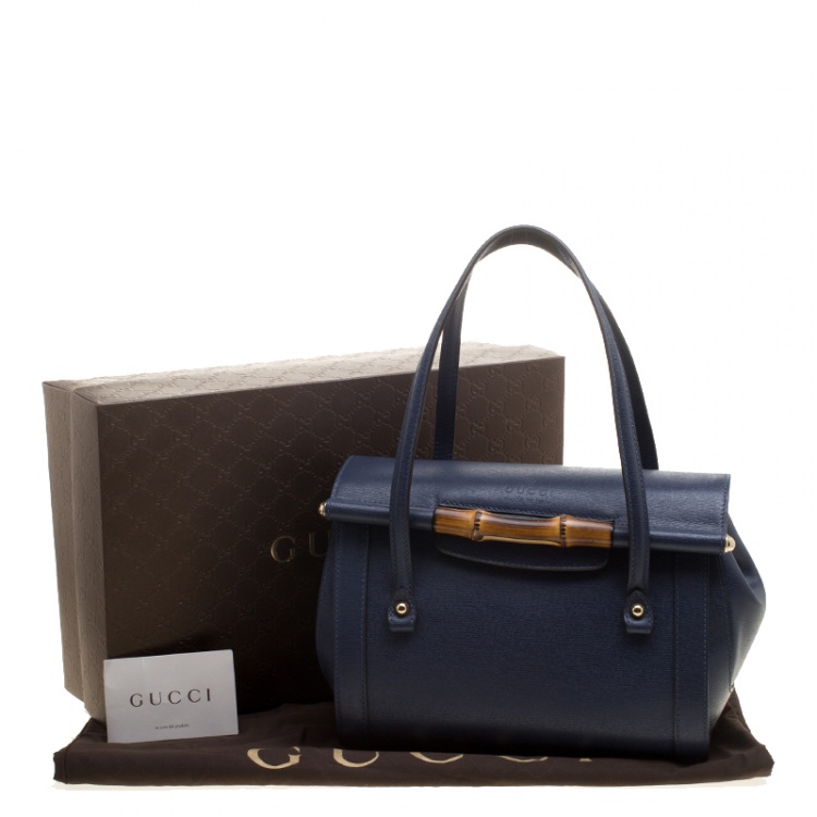 Pre Owned Gucci Navy Blue Leather New Bullet Bamboo Top Handle Bag