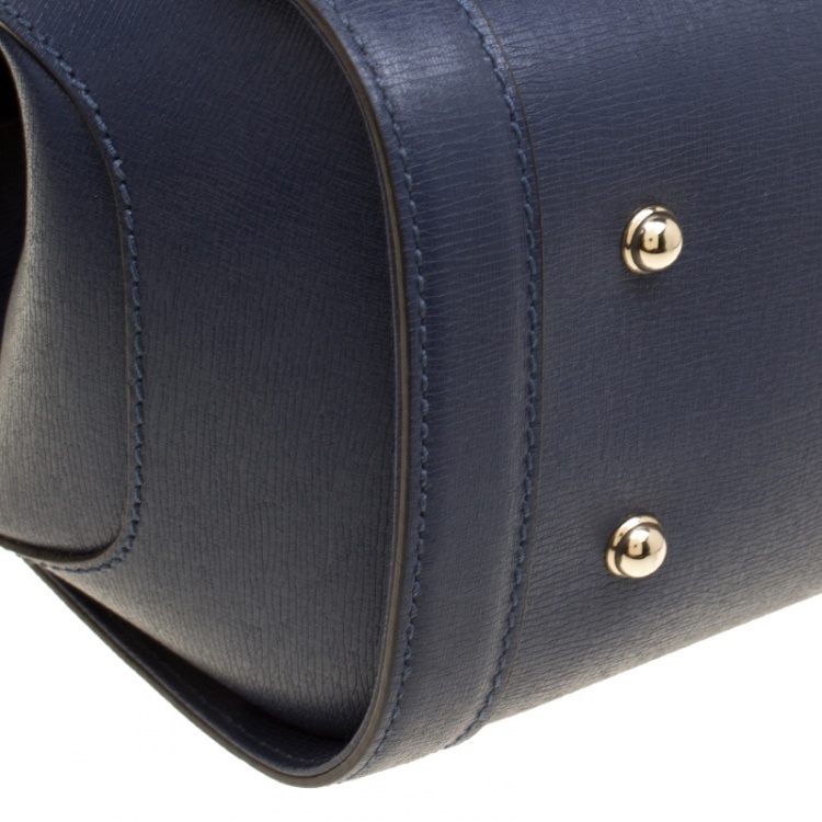 Pre Owned Gucci Navy Blue Leather New Bullet Bamboo Top Handle Bag