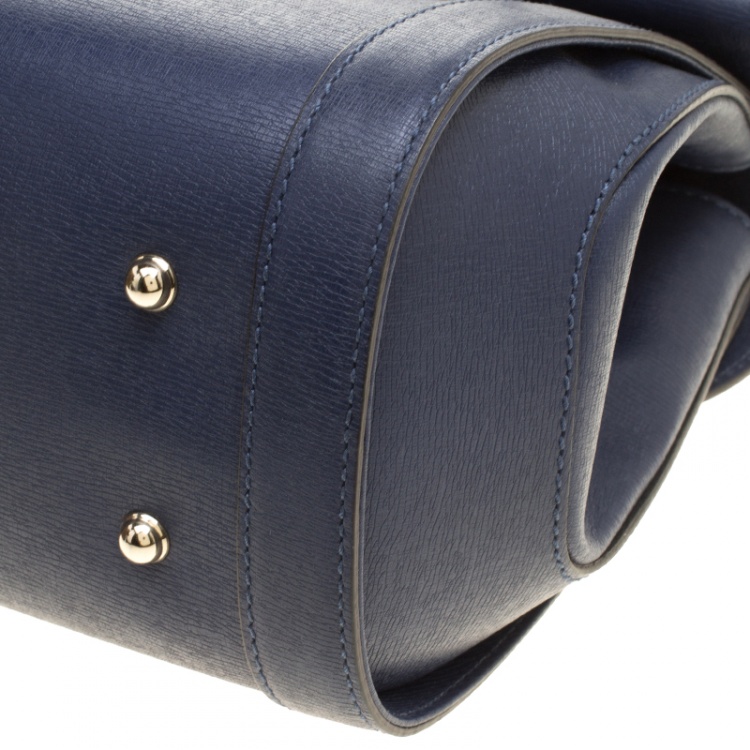 Pre Owned Gucci Navy Blue Leather New Bullet Bamboo Top Handle Bag