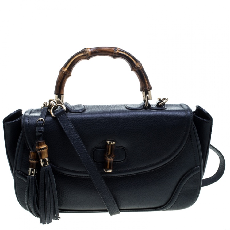 Pre Owned Gucci Navy Blue Leather Large New Bamboo Tassel Top Handle Bag