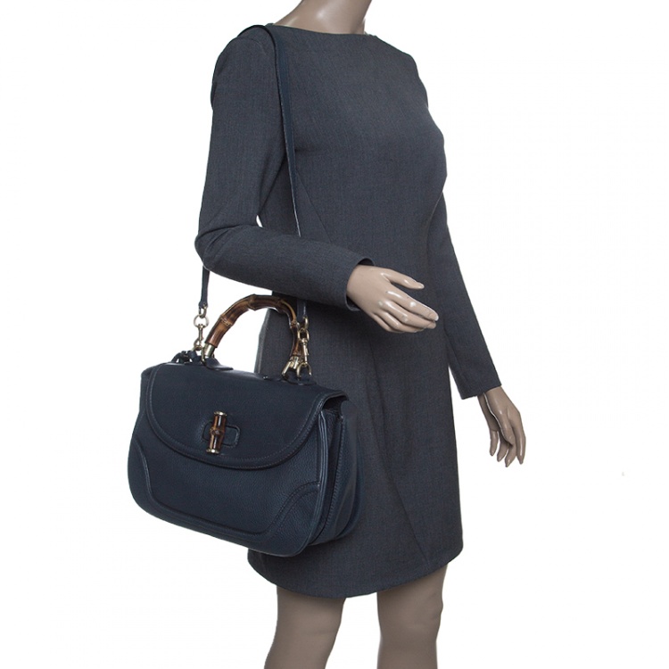 Pre Owned Gucci Navy Blue Leather Large New Bamboo Tassel Top Handle Bag