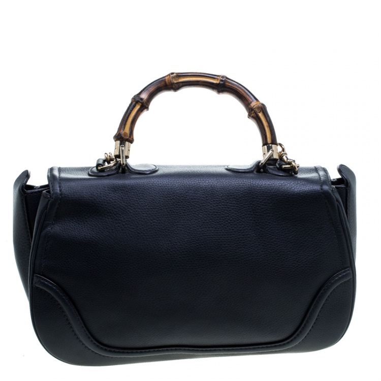 Pre Owned Gucci Navy Blue Leather Large New Bamboo Tassel Top Handle Bag