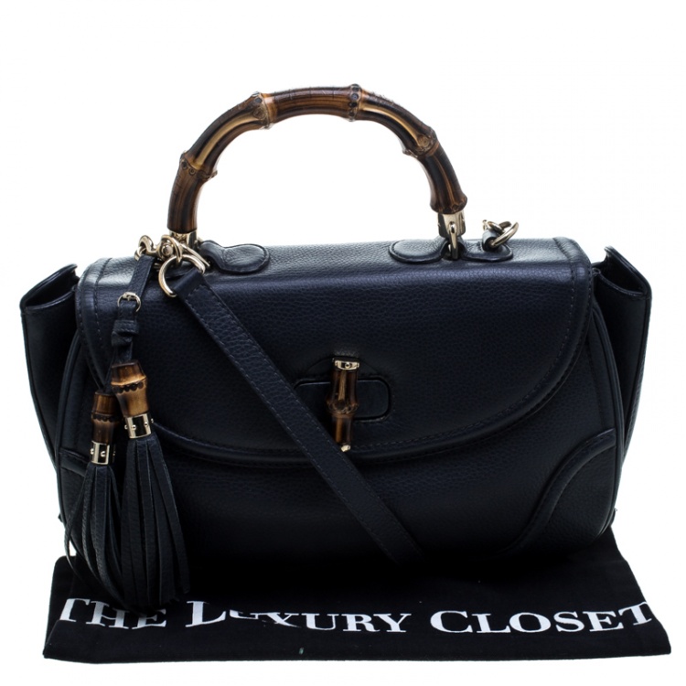 Pre Owned Gucci Navy Blue Leather Large New Bamboo Tassel Top Handle Bag