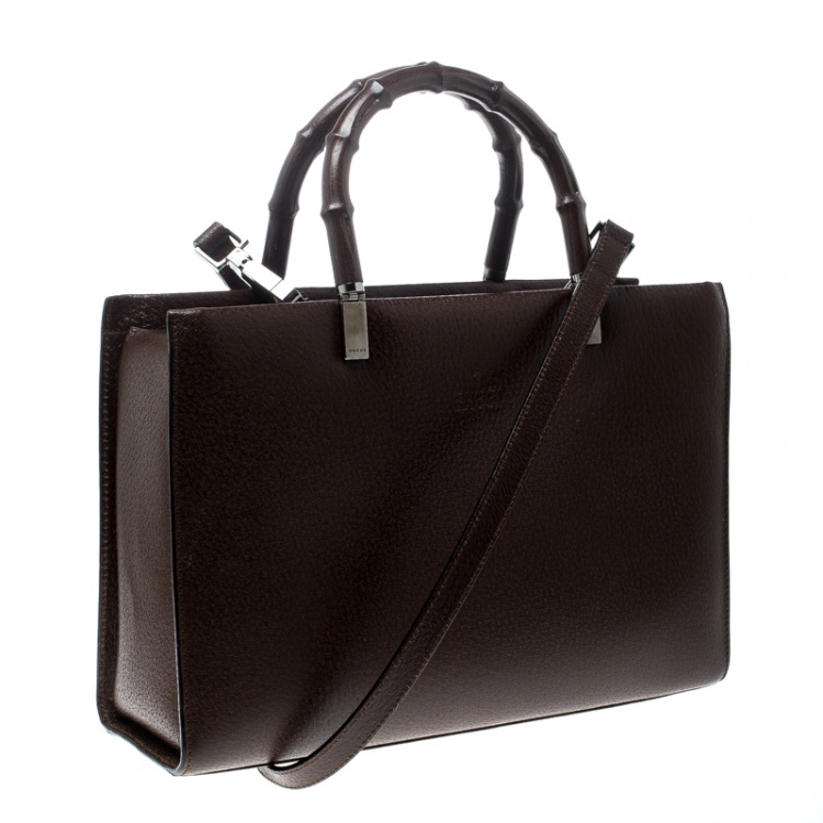 Pre Owned Gucci Brown Leather Bamboo Handle Cinghiale Top Handle Bag