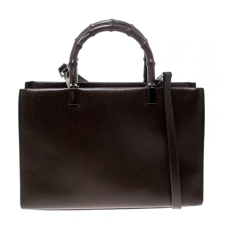Pre Owned Gucci Brown Leather Bamboo Handle Cinghiale Top Handle Bag