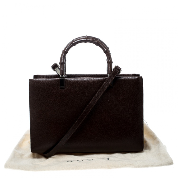 Pre Owned Gucci Brown Leather Bamboo Handle Cinghiale Top Handle Bag