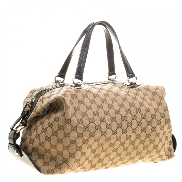 Pre Owned Gucci Beige/Black GG Canvas and Leather Medium Full Moon Boston Bag