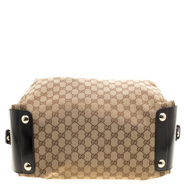 Pre Owned Gucci Beige/Black GG Canvas and Leather Medium Full Moon Boston Bag