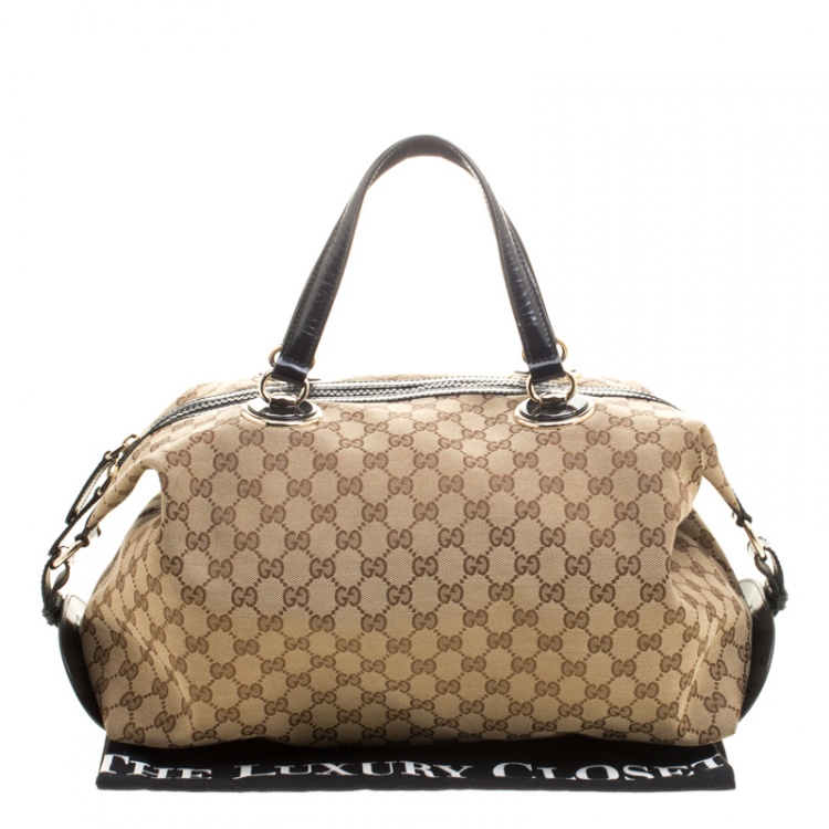 Pre Owned Gucci Beige/Black GG Canvas and Leather Medium Full Moon Boston Bag