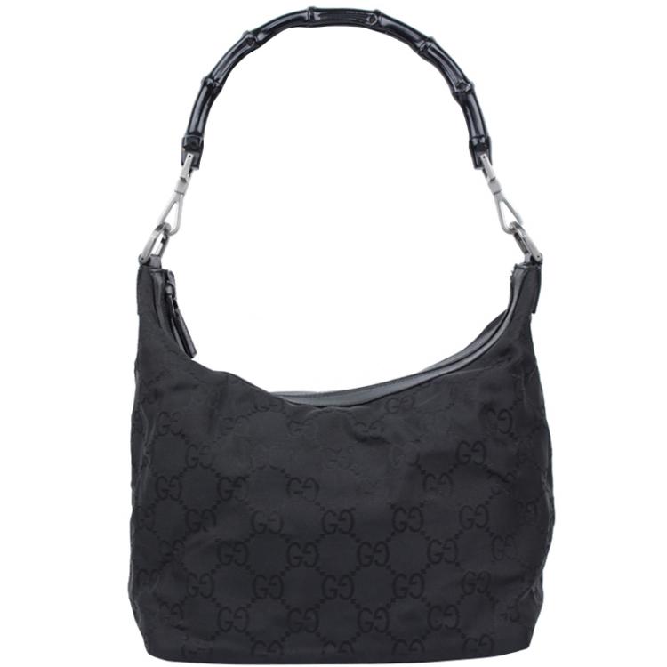 Pre Owned Gucci Black GG Nylon Bamboo Top Handle Bag