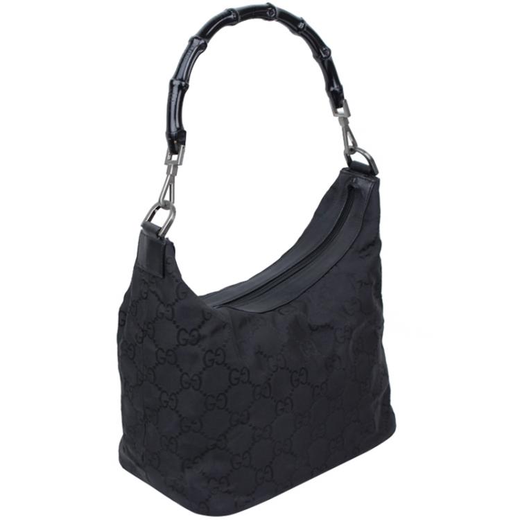 Pre Owned Gucci Black GG Nylon Bamboo Top Handle Bag