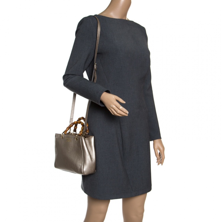Pre Owned Gucci Metallic Beige Leather Bamboo Top Handle Shopper Tote