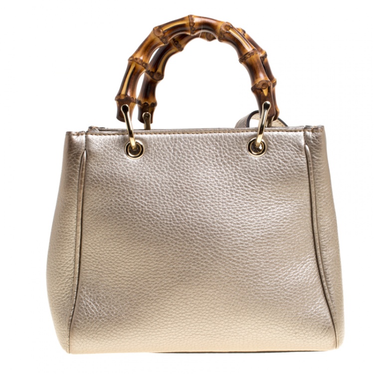 Pre Owned Gucci Metallic Beige Leather Bamboo Top Handle Shopper Tote