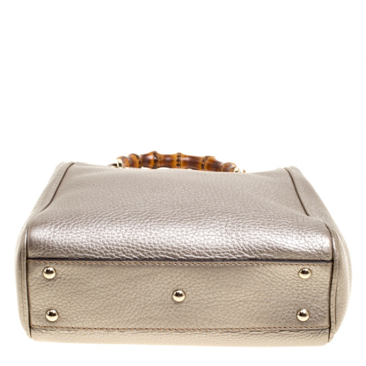 Pre Owned Gucci Metallic Beige Leather Bamboo Top Handle Shopper Tote