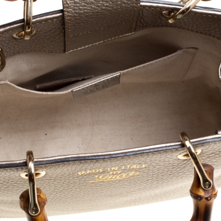 Pre Owned Gucci Metallic Beige Leather Bamboo Top Handle Shopper Tote