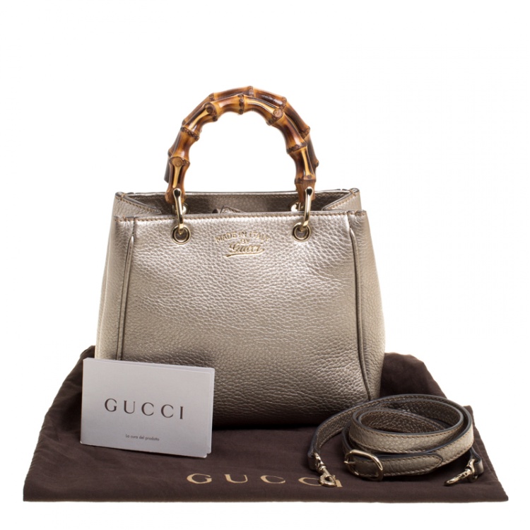 Pre Owned Gucci Metallic Beige Leather Bamboo Top Handle Shopper Tote