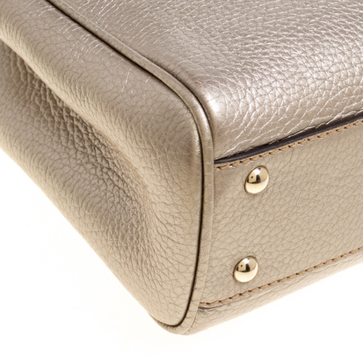 Pre Owned Gucci Metallic Beige Leather Bamboo Top Handle Shopper Tote