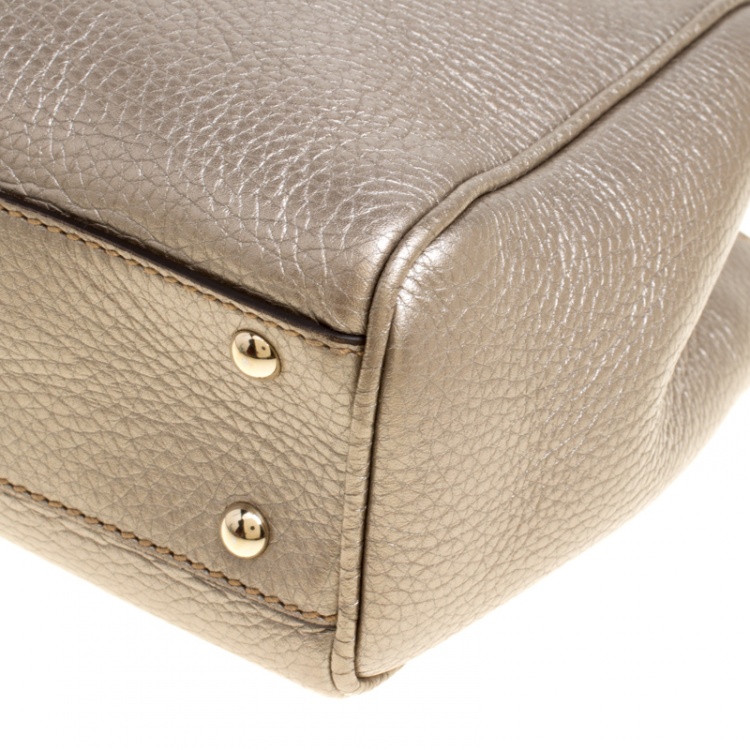 Pre Owned Gucci Metallic Beige Leather Bamboo Top Handle Shopper Tote