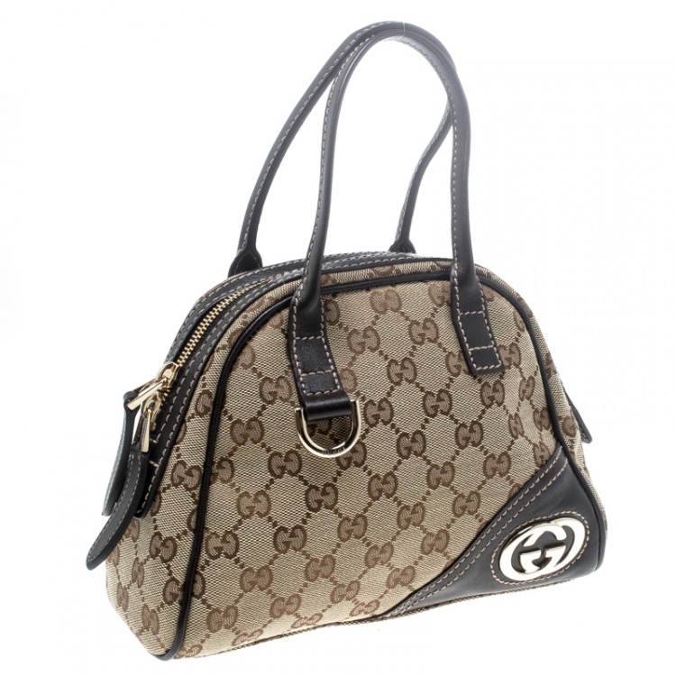 Pre Owned Gucci Beige/Ebony GG Canvas and Leather Satchel
