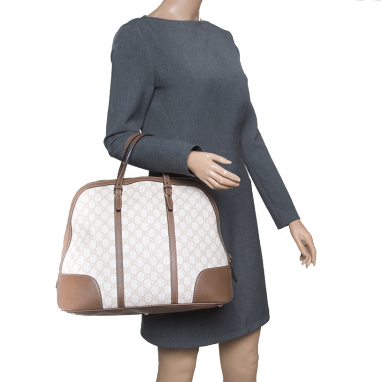 Pre Owned Gucci Off White/Brown GG Supreme Canvas and Leather Large Nice Top Handle Bag
