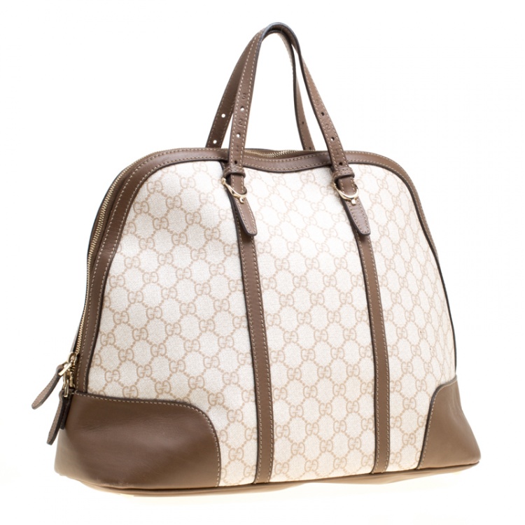 Pre Owned Gucci Off White/Brown GG Supreme Canvas and Leather Large Nice Top Handle Bag