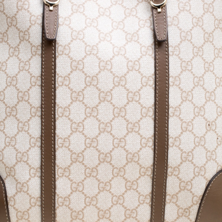 Pre Owned Gucci Off White/Brown GG Supreme Canvas and Leather Large Nice Top Handle Bag