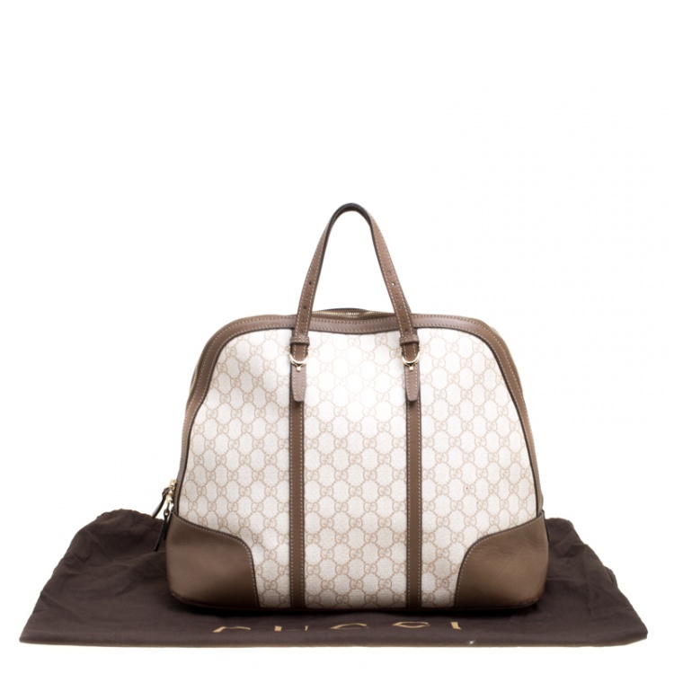 Pre Owned Gucci Off White/Brown GG Supreme Canvas and Leather Large Nice Top Handle Bag