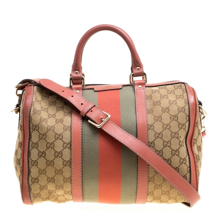 Gucci Brown/Beige GG Canvas and Leather Medium Vintage Web Boston Bag Gucci