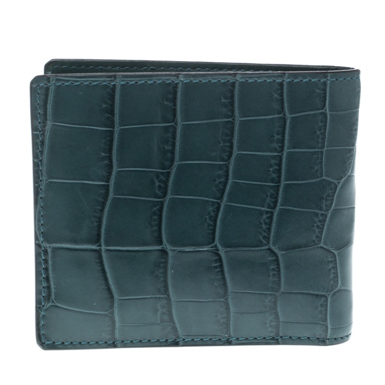 Pre Owned Gucci Ocean Blue Crocodile Bifold Wallet