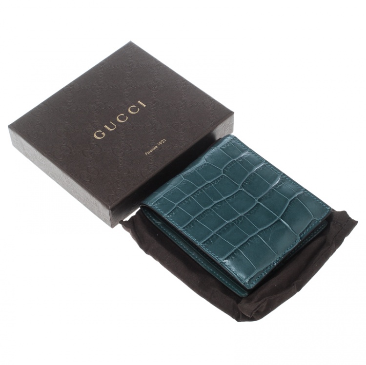 Pre Owned Gucci Ocean Blue Crocodile Bifold Wallet