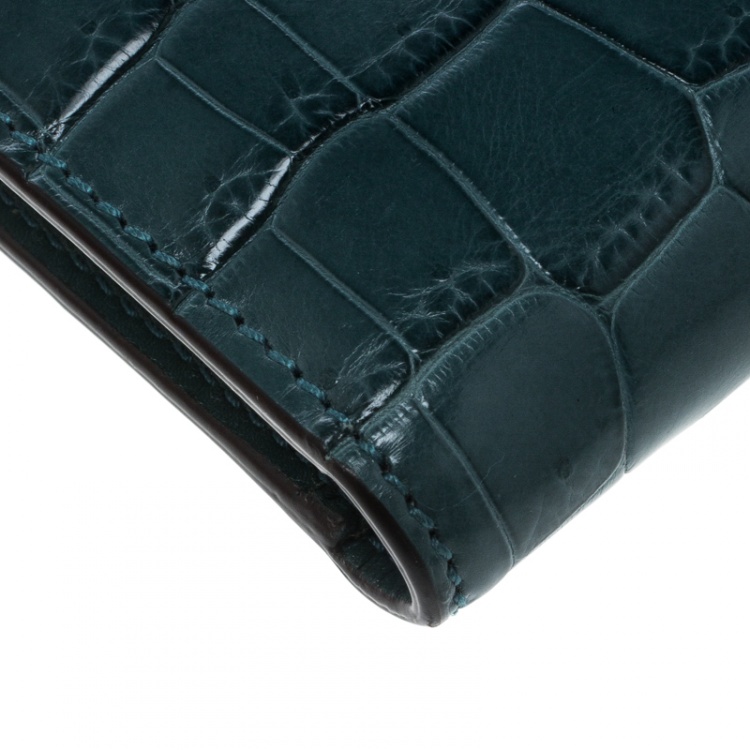 Pre Owned Gucci Ocean Blue Crocodile Bifold Wallet