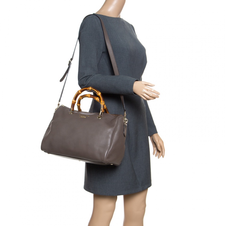 Pre Owned Gucci Dark Beige Leather Medium Bamboo Shopper Boston Bag 