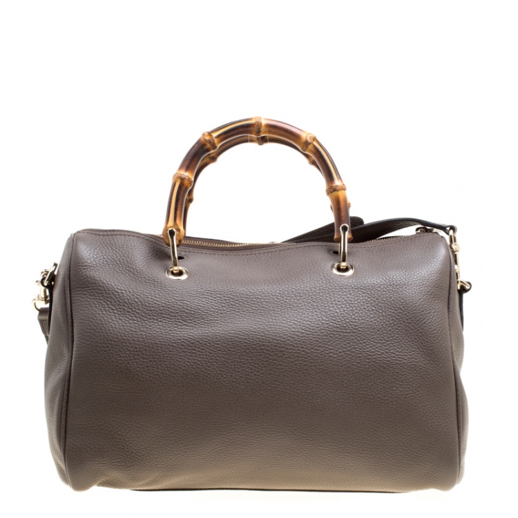 Pre Owned Gucci Dark Beige Leather Medium Bamboo Shopper Boston Bag 