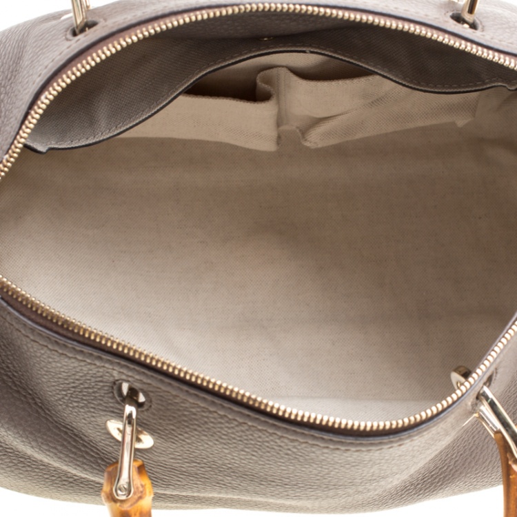 Pre Owned Gucci Dark Beige Leather Medium Bamboo Shopper Boston Bag 
