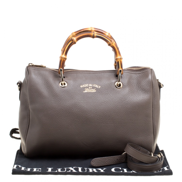 Pre Owned Gucci Dark Beige Leather Medium Bamboo Shopper Boston Bag 