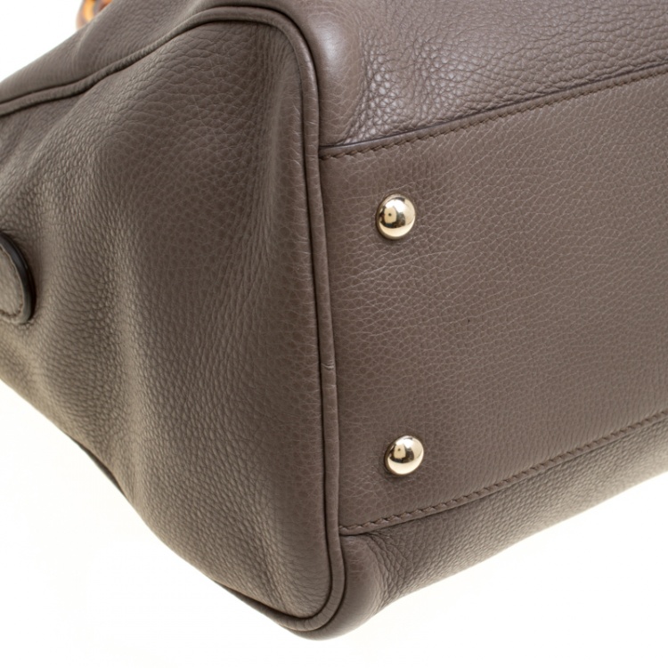 Pre Owned Gucci Dark Beige Leather Medium Bamboo Shopper Boston Bag 