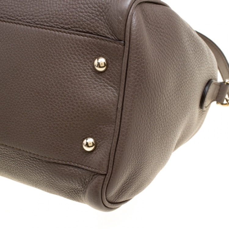 Pre Owned Gucci Dark Beige Leather Medium Bamboo Shopper Boston Bag 