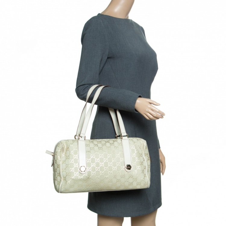 Pre Owned Gucci Beige/Off White GG Suede Boston Bag