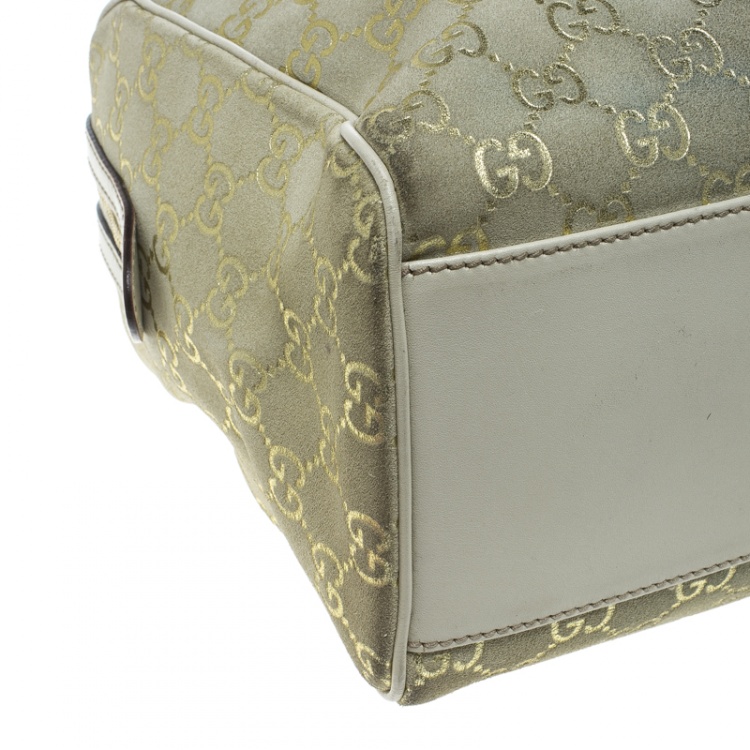 Pre Owned Gucci Beige/Off White GG Suede Boston Bag