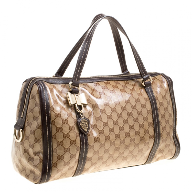 Pre Owned Gucci Beige/Brown GG Crystal Canvas and Leather Large Duchessa Boston Bag
