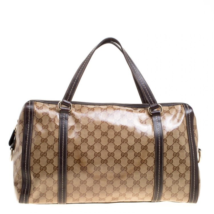 Pre Owned Gucci Beige/Brown GG Crystal Canvas and Leather Large Duchessa Boston Bag